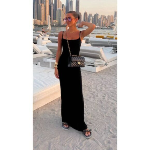 SKIMS Ribbed Long Slipdress in Onyx Black Size Small - Picture 2 of 16